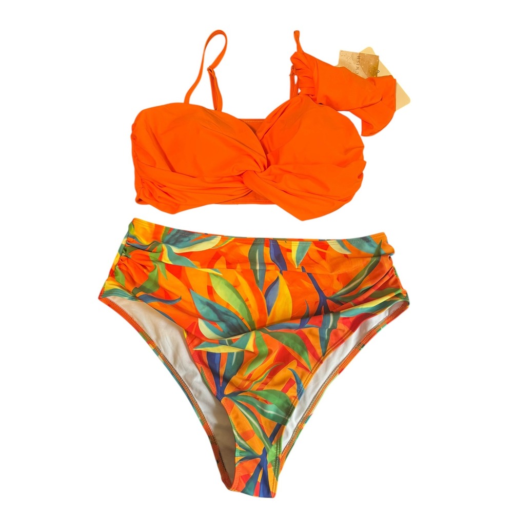 Chicwish Women Orange Tropical High Waist Ruffle Bikini Set XL New